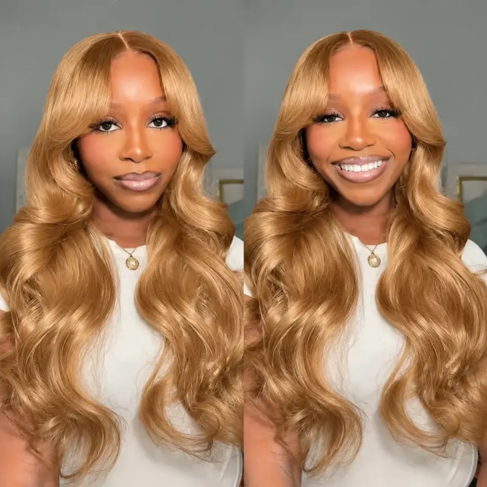 Hd Lace Frontal Wig Human Hair Pre Plucked - باروكة شعر طبيعي بلون العسل، مموجة،
